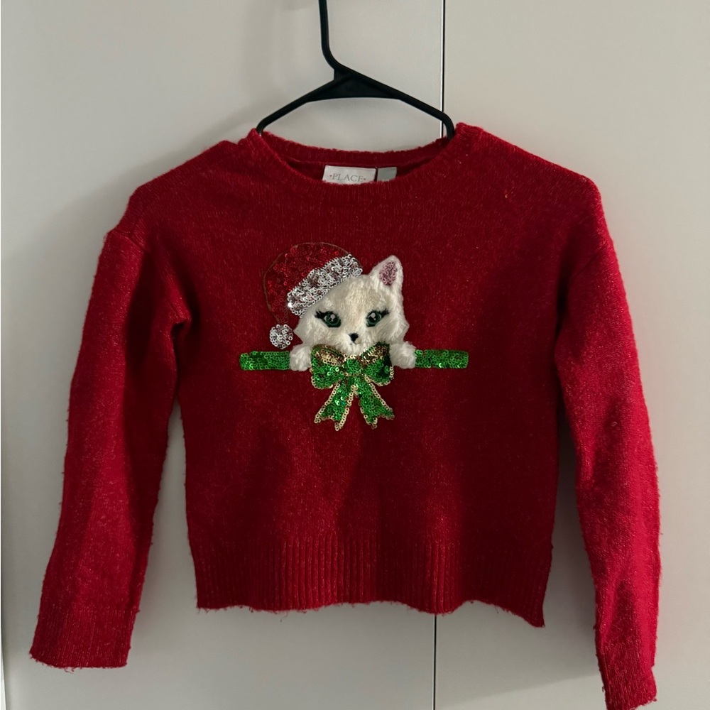 The Children's Place Festive Red Sweater with Cat and Green Bow